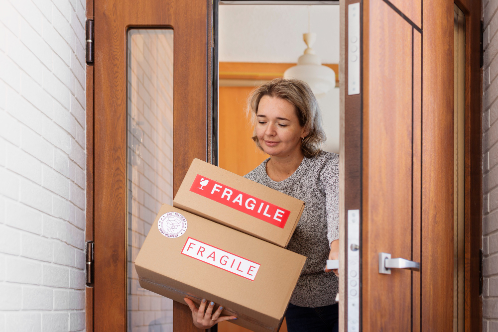 woman with boxes of fragile items